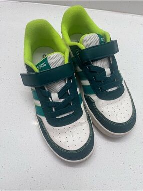 adidas Breakbase Kids Teal and White Velcro Sneakers with Neon Lime Lining